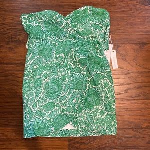 Green patterned strapless mini dress
